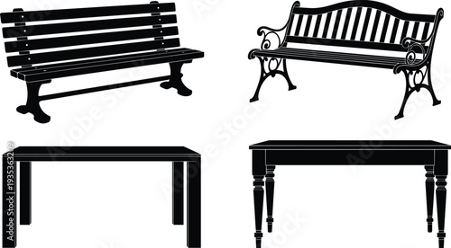 Set of Black Silhouette Furniture Icons Including Park Benches and Wooden Tables Isolated on White Background for Vector Illustration Design, Street Furniture, and Interior Elements.