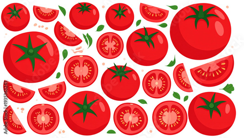Fresh red tomatoes collection with whole sliced and cherry tomato vegetables flat vector illustration isolated