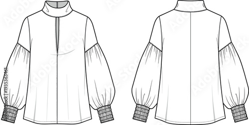 Women high neck blouse with deep slit front and balloon sleeves technical flat fashion sketch vector illustration front back view