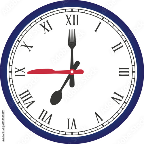 An innovative clock face with a fork knife and spoon as hands representing the importance of meal times