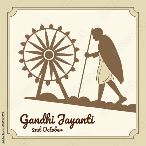 Gandhi Jayanti greeting card with Mahatma Gandhi profile and spinning wheel