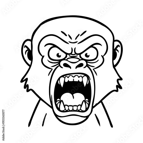 Dibujo sencillo con líneas de la cabeza de un simio enojado con la boca abierta enseñando los dientes 