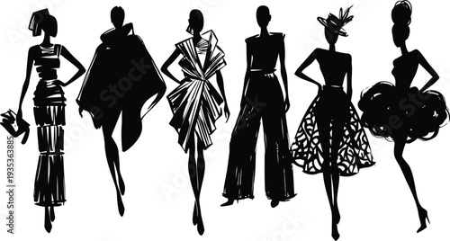 Elegant black fashion silhouettes modeling a diverse range of high couture designer apparel on a runway
