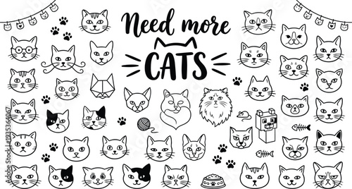 A charming collection of various cute cat faces and playful feline elements perfect for pet lovers