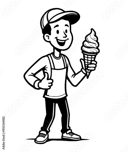 Smiling cartoon ice cream vendor wearing an apron and cap holding soft serve cone, black and white comic style, isolated on white, concept of food service