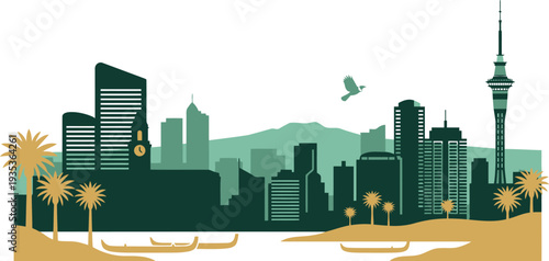 Auckland New Zealand cityscape with the iconic Sky Tower modern architecture and natural landscape