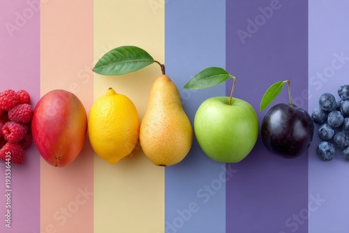 a colorful of different fruits in the same row, including mangoes, peaches, pears, and blueberries. the colors include red for raspberries, yellow for lemons, with dark blues for plums.