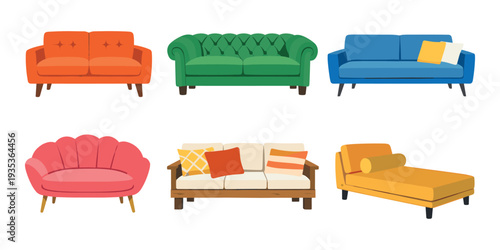 Collection of different colorful sofas showcasing diverse styles, furniture, and seating for living rooms and home decor