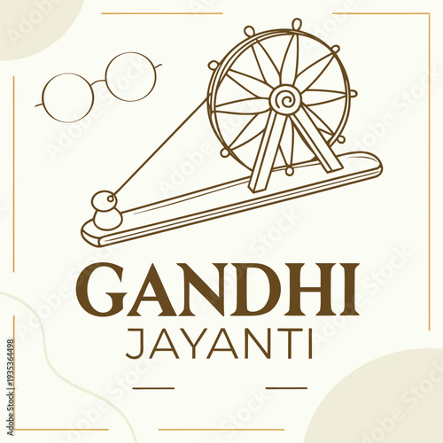 Gandhi Jayanti greeting card with Mahatma Gandhi profile and spinning wheel