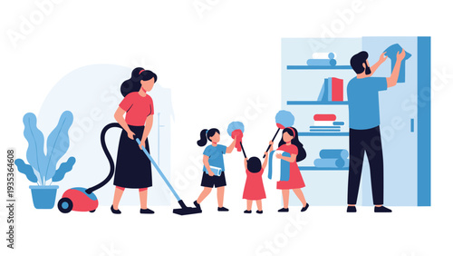 Happy family with three young children and parents working together to clean and organize their home using a vacuum and dusters.