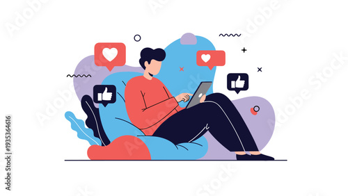 Young man relaxing in a blue beanbag chair while browsing social media on a tablet with floating like and heart icons in a modern home environment.