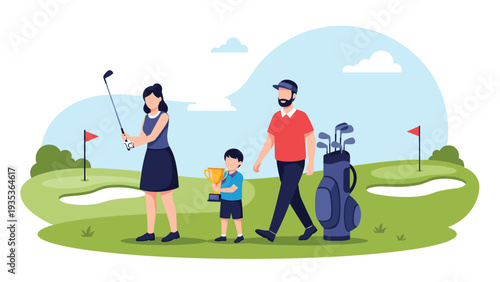 Family group including a father, mother, and son holding a gold trophy while enjoying a sunny day of golf on a beautiful green course with sand traps.