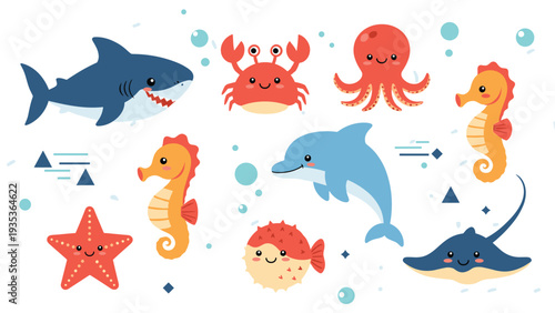 Collection of colorful cartoon sea animals including a shark, dolphin, octopus, seahorse, and starfish swimming in a blue underwater bubble world.