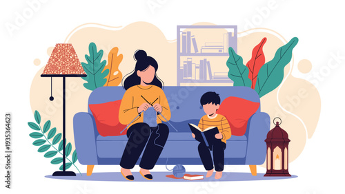 Mother knitting with blue yarn on a sofa while her young son sits nearby reading a book in a cozy living room filled with plants and warm lighting.