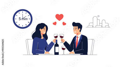 Romantic couple sharing a celebratory dinner with wine glasses and floating hearts while a clock in the background shows a countdown of five minutes.