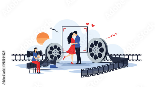 Film crew member sitting on a set with a camera while two actors perform a romantic scene against a backdrop of large film reels and movie strips.