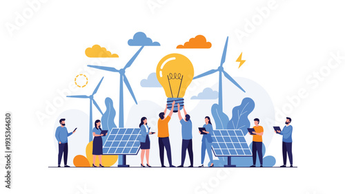 Group of workers holding a giant glowing lightbulb near wind turbines and solar panels to represent innovation in sustainable green energy solutions.