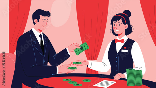 Professional dealer and a client exchanging cash for green gambling chips at a red casino table in an elegant indoor setting with deep red curtains.