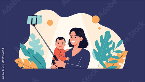 Happy mother taking a selfie with her small child using a smartphone on a selfie stick against a background of large stylized green tropical leaves.
