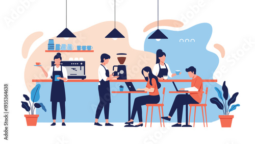 Modern coffee shop interior showing baristas preparing orders behind a counter while customers work on laptops at tables in a bright setting.