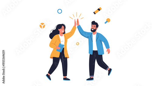 Man and woman in professional business attire giving each other a high five to celebrate a successful project completion or corporate achievement.