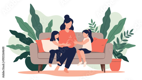 Pregnant woman sitting on a comfortable sofa while her two young daughters gently touch her belly in a cozy room decorated with large green plants.