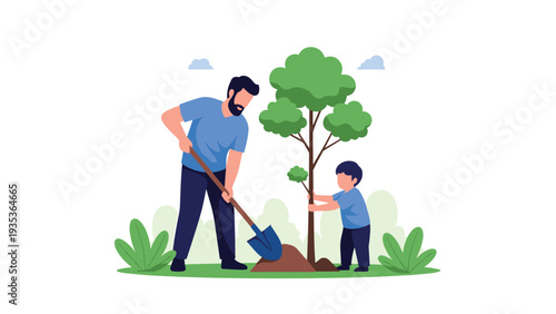 Father and young son working together to plant a small tree in a green park using a shovel to teach environmental care and nature conservation.