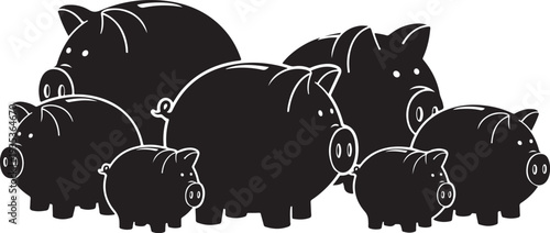 Black and white illustration of a pig family together