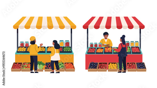 Two separate illustrations of colorful fruit and vegetable market stalls with vendors serving customers and fresh produce displayed in crates.