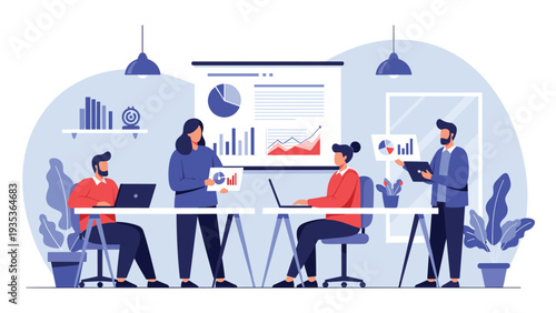 Professional business team collaborating on financial reports and data charts in a bright modern office workspace with various analytical tools.