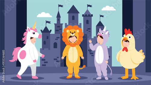 Group of small children wearing colorful animal costumes like a lion, unicorn, and chicken while performing on a stage with a castle backdrop.