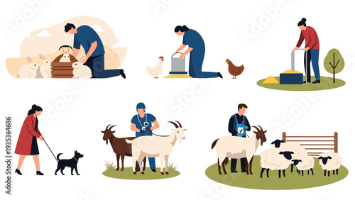 Variety of illustrations showing farmers and a veterinarian caring for domestic animals like rabbits, chickens, goats, sheep, and a pet dog.