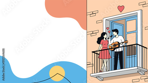 Romantic man playing an acoustic guitar and singing to a woman on a balcony under a bright night sky with floating hearts to show their affection.