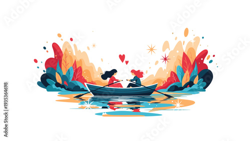 Two women rowing a boat together on a calm lake surrounded by vibrant autumn foliage and heart symbols in a romantic illustration.