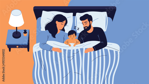 Young father and mother sleeping peacefully with their baby in a large bed under a striped blue blanket in a dark bedroom at night.