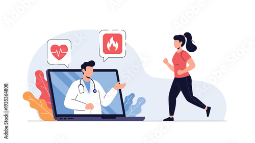 Young woman running outdoors while having a virtual medical consultation with a doctor on a laptop screen about her fitness.