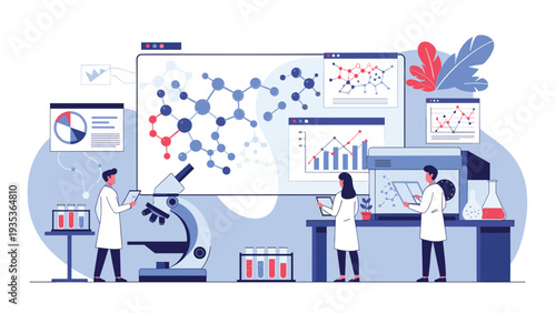 Team of medical researchers in white coats working in a laboratory analyzing complex molecular structures on digital screens.