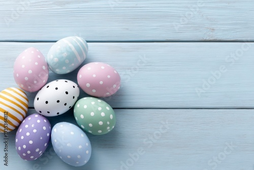 colorful easter eggs arranged on a wooden background. colorful easter egg pattern on a blue wood table.