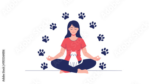Peaceful woman meditating in a lotus pose with her white cat while surrounded by a circular pattern of animal paw prints.
