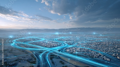 Digital data streams illuminate complex urban infrastructure and transportation networks from an elevated perspective
