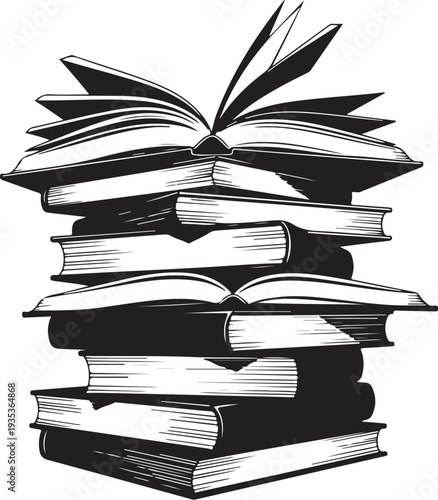 Stack of Open and Closed Books with Feather Quill