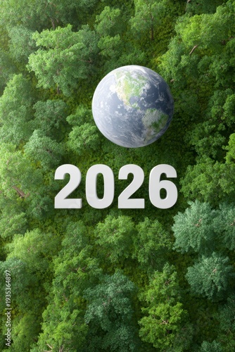the numbers 2026 made of white, above the forest in an aerial view. the numbers are on top, and behind them lies an earth globe. green nature, forest background.