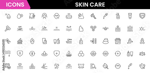 Skin care line icons set. Moisture cream, acid, anti wrinkle serum, creamed, collagen. Pixel perfect, minimalistic web and UI icon.Thin line icon collection. Vector illustration.
