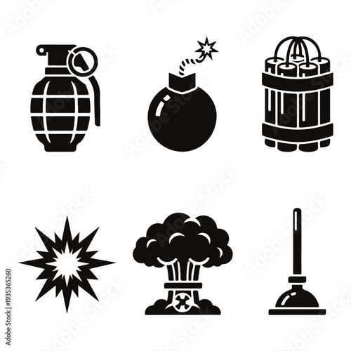 A collection of black and white icons depicting various explosive devices and symbols