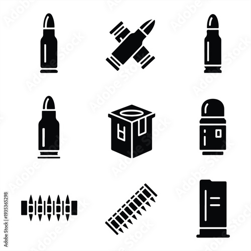 A collection of black and white icons depicting various types of ammunition and bullets