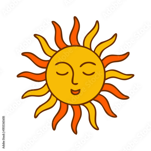 Dibujo sencillo con líneas de un sol con cara con sonrisa estilo retro con líneas y relleno de color naranja 
