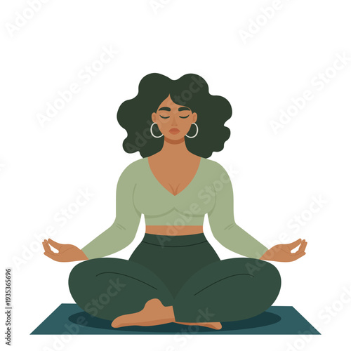 Body positive female character in lotus pose yoga class vector illustration.