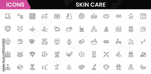 Skin care line icons set. Moisture cream, acid, anti wrinkle serum, creamed, collagen. Pixel perfect, minimalistic web and UI icon.Thin line icon collection. Vector illustration.