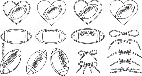 Cad drawing flat vector illustration of American football icon set with ball silhouettes heart shapes and decorative laces for sports design