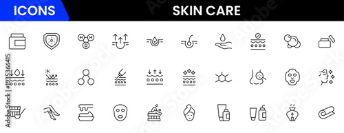 Skin care line icons set. Moisture cream, acid, anti wrinkle serum, creamed, collagen. Pixel perfect, minimalistic web and UI icon.Thin line icon collection. Vector illustration.
